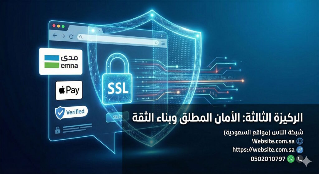 ركائز تقنية لا غنى عنها لنجاح موقعك التجاري في السعودية 3 الأمان المطلق وبناء الثقة (Security & Trust) حماية أمان تصميم الموقع